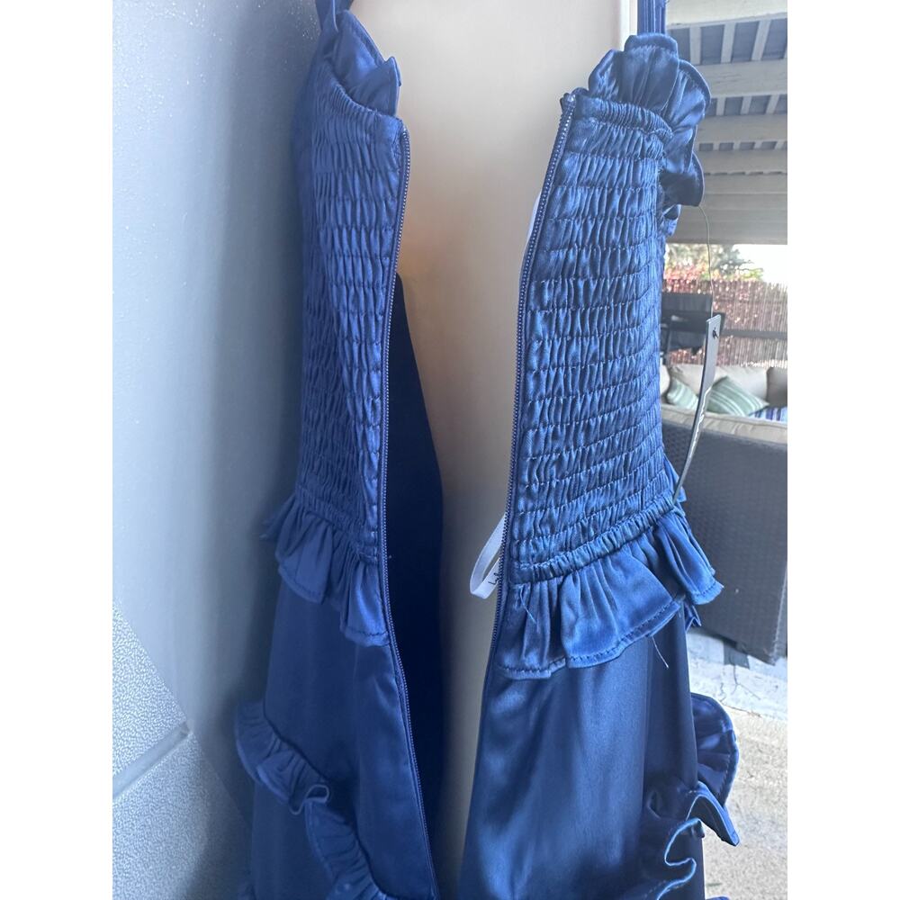 NWT Lulus Blue Satin Tiered Ruffle Smocked Maxi Dress Sz L Romantic Party Prom - Picture 11 of 14